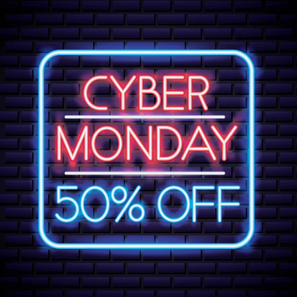 cyber monday frame sign discount neon style vector illustration - Διάνυσμα, εικόνα
