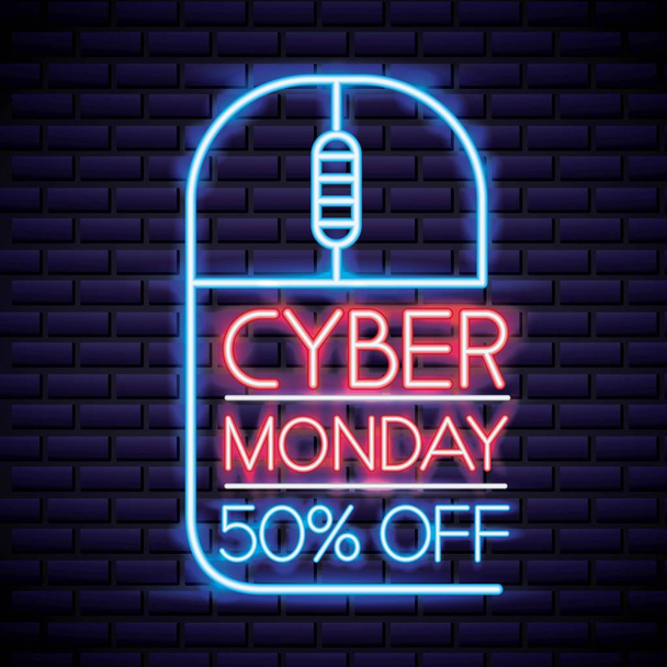 cyber monday mouse with neon sign discount porcent vector illustration - Vektör, Görsel