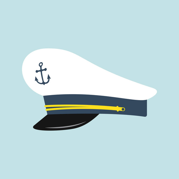 Captain hat with anchor emblem. Sailor cap. Vector illustration isolated on a blue background - Vector, Imagen
