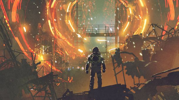 Science-Fiction-Szene des Astronauten beim Betrachten des futuristischen Portals, digitaler Kunststil, Illustrationsmalerei - Foto, Bild