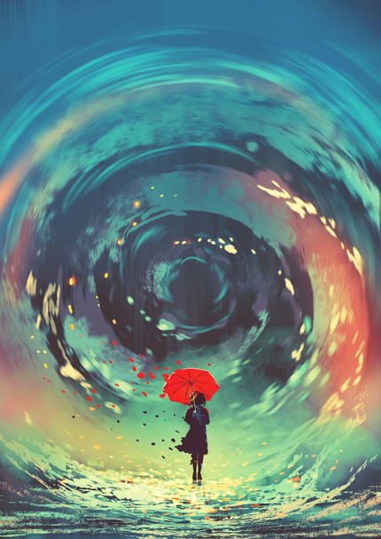 κορίτσι με κόκκινη ομπρέλα κάνει μια περιστροφικές κινήσεις νερό στον ουρανό, ψηφιακή τέχνη στυλ, εικονογράφηση, ζωγραφική - Φωτογραφία, εικόνα