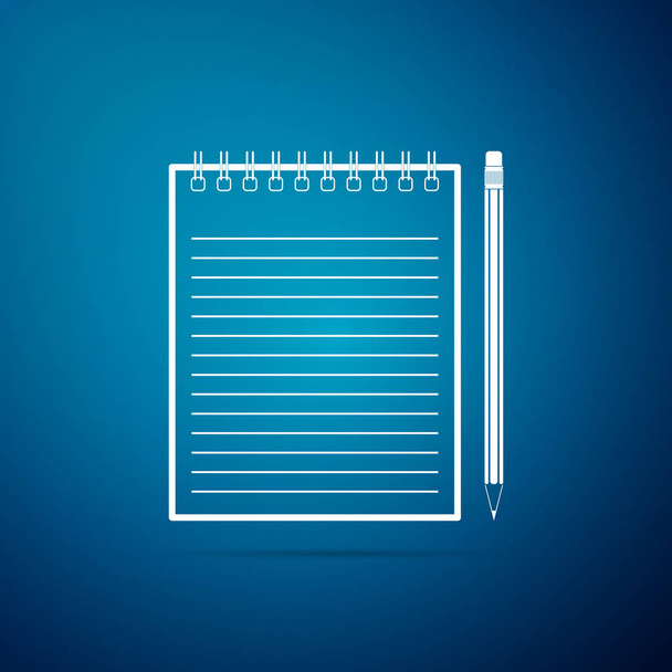 Prázdný zápisník a tužka guma ikonu izolované na modrém pozadí. Plochý design. Vektorové ilustrace - Vektor, obrázek