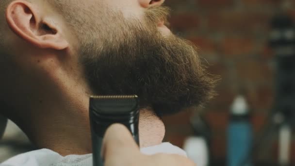 Hairdresser shaving bearded client at barber shop. Close up barber hands - 映像、動画