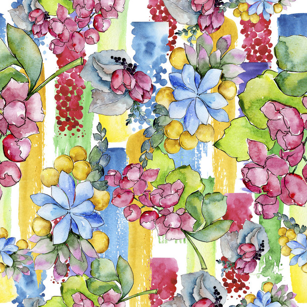 Watercolor colorful tropical bouquet flower. Floral botanical flower. Seamless background pattern. Fabric wallpaper print texture.Aquarelle wildflower for background, texture, wrapper pattern, border. - Photo, Image