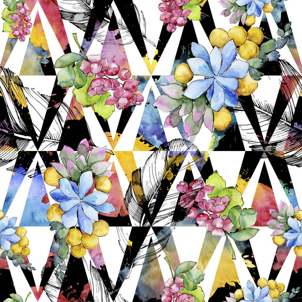 Watercolor colorful tropical bouquet flower. Floral botanical flower. Seamless background pattern. Fabric wallpaper print texture.Aquarelle wildflower for background, texture, wrapper pattern, border. - Foto, imagen