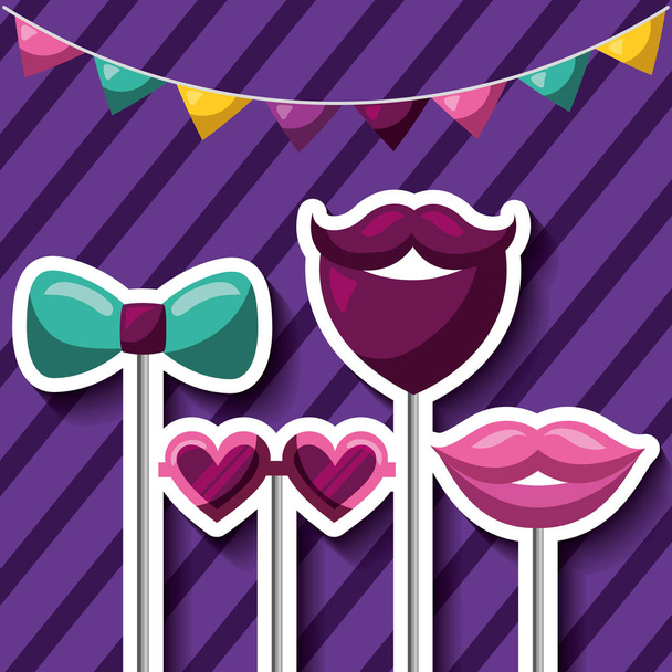 party mask night pennants mouth bow heart glasses sticks vector illustration - Вектор,изображение