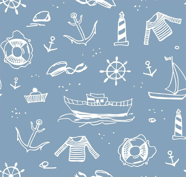 Marine drawings, seamless pattern, gray, vector. Sea voyage, white drawings on a gray field. The profession of a sailor.  - Vector, Imagen