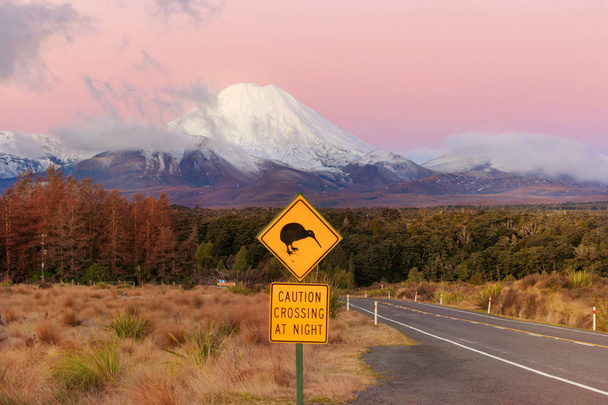 Kiwi señal de tráfico y volcán Mt. Ngauruhoe al atardecer, Parque Nacional Tongariro, Nueva Zelanda
 - Foto, Imagen