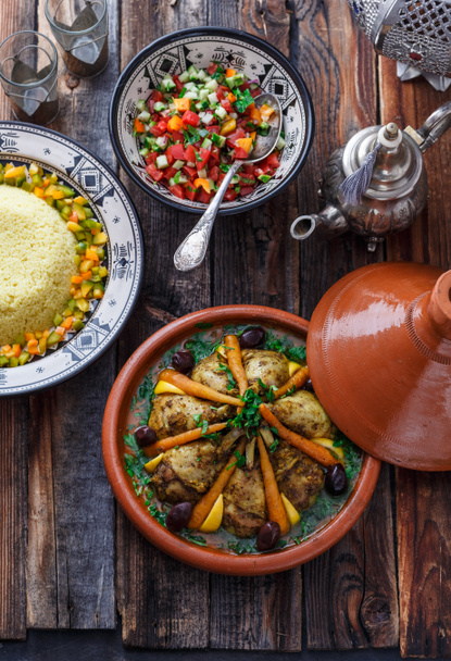 Close view of chicken tajine with lemon and olives - Photo, Image