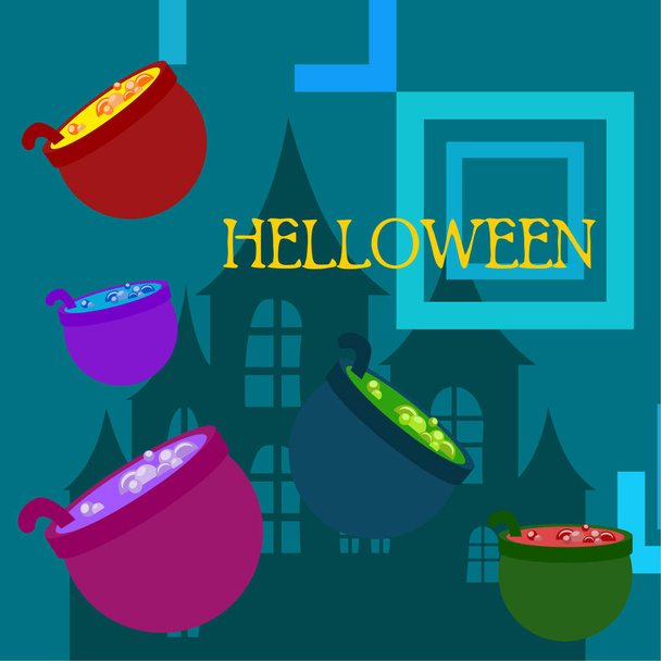 Halloween pots with potion night vector background - Vector, Imagen