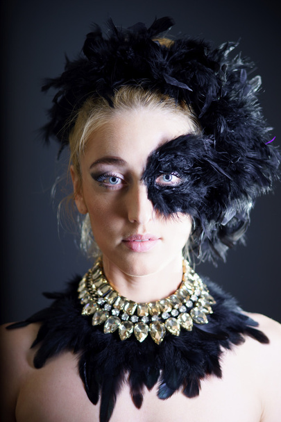 sexy woman with black feather half mask - Photo, image
