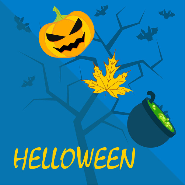 Halloween autumn pumpkin,  fallen leaf, witch cauldron  vector background - Vector, Image