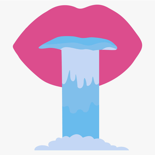 Vector image of half-open raspberry-colored lips, from which flows a waterfall, on a light background. - Vector, Image
