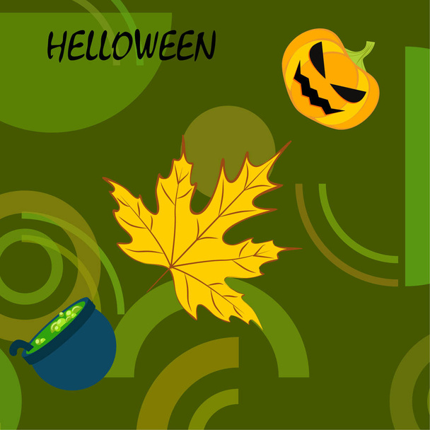 Halloween autumn pumpkin, fallen leaf, witch cauldron vector background - Vector, Imagen
