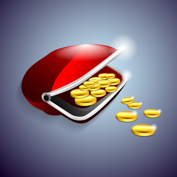 Red purse with gold coins. Vector illustration. - Vector, Image
