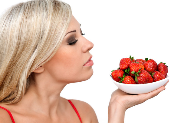 sexy blonde girl with strawberries - 写真・画像
