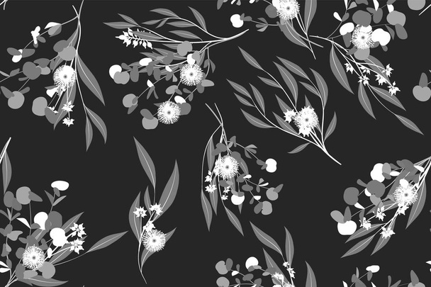 Eucalyptus vektor. Černobílý vzor bezešvé s vektorové listy, větve a květinovou složkou. Elegantní pozadí pro rustikální svatební Design, tkaniny, textilie, šaty. Eucalyptus vektor ve stylu Vintage - Vektor, obrázek