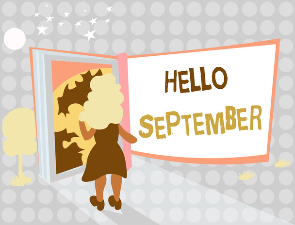 A Hello September felirata. Üzleti fotó bemutató Alig várja, hogy meleg fogadtatásban részesüljön a szeptember hónapban - Fotó, kép