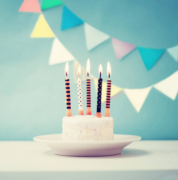 Birthday cake with candles in vintage style, copy space - Zdjęcie, obraz