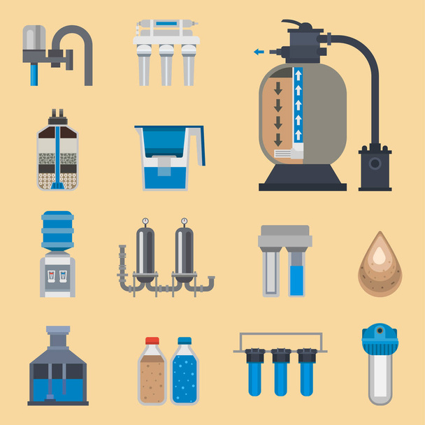 Water purification icon faucet fresh recycle pump astewater treatment collection vector illustration. - Вектор,изображение
