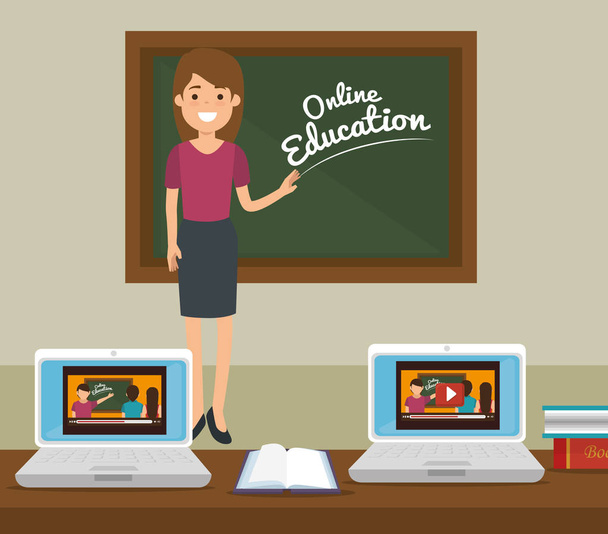 Kobieta nauczyciel z laptopa edukacji online - Wektor, obraz