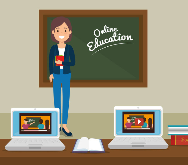 profesora mujer con portátil educación en línea
 - Vector, Imagen