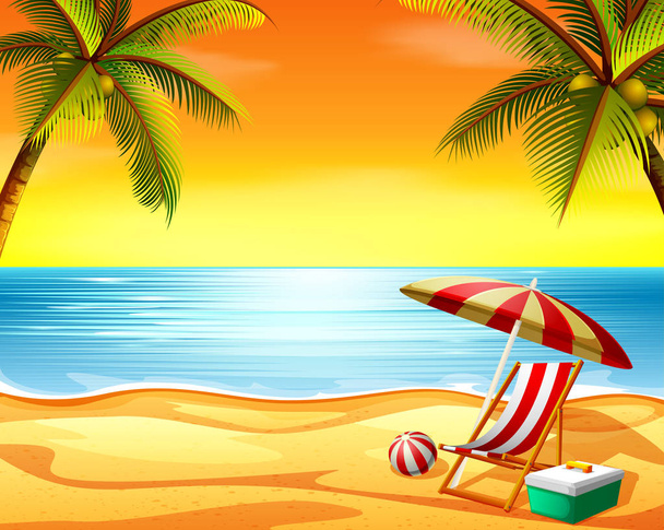 the beautiful sunset view background in the beach with the beach chair and coconut trees - Vector, Imagen