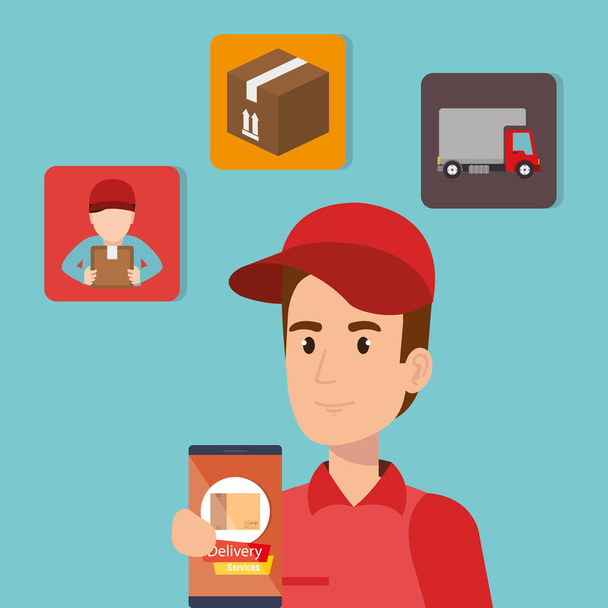 delivery service worker character with set icons vector illustration design - Vector, Image