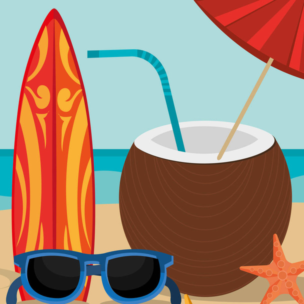 beach landscape with coconut cocktail scene - Vector, Image