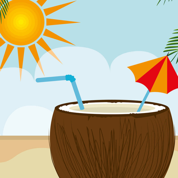beach landscape with coconut cocktail - Vector, Image