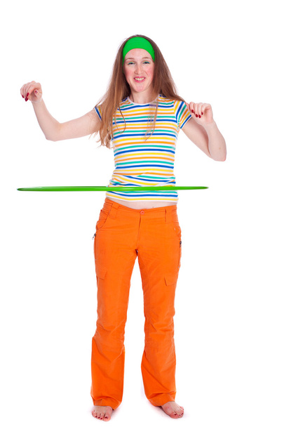 young woman with hula hoop over white - Foto, Bild
