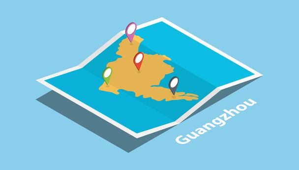 Γκουάνγκτζου: Εξερευνήστε χάρτες τοποθεσίας με διπλωμένο χάρτη και pin maker τοποθεσία προορισμού σε ισομετρική στυλ εικονογράφηση διάνυσμα - Διάνυσμα, εικόνα