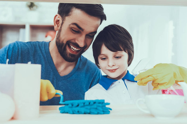 Smile. Have Fun. Clean House Together. Cleanliness. Family. Holidays.Two Boys. Father. Baby with Bright Hair. Smiling Kids. Spends Time. Happy Together. Home Time. Father Two Boys. Leisure Time. Man. - Fotografie, Obrázek