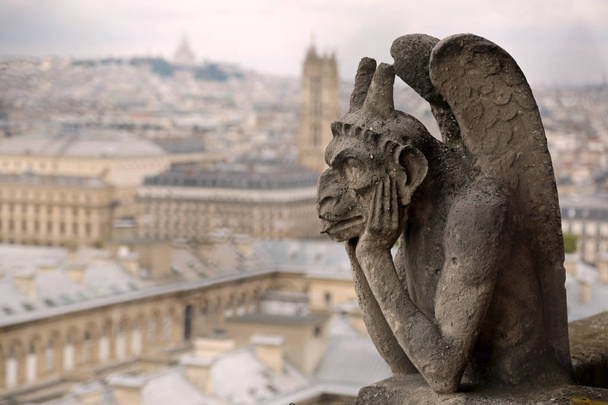Denkfigur genannt Chimäre oder Groteske und das Panorama von Paris in Frankreich vom Glockenturm der Basilika Notre Dame - Foto, Bild