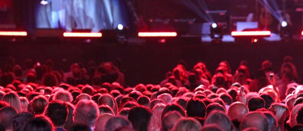 heads of many people during live outdoor concert with many lights on stage - Photo, Image