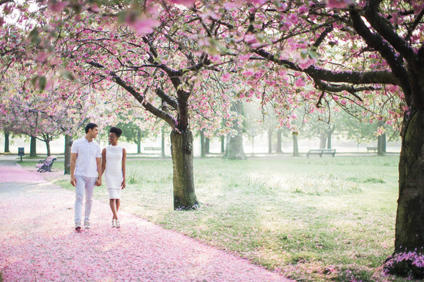 The young adorable romantic couple walking by road with petals in the park and holding hands each other and smiling to each other - Foto, Imagem