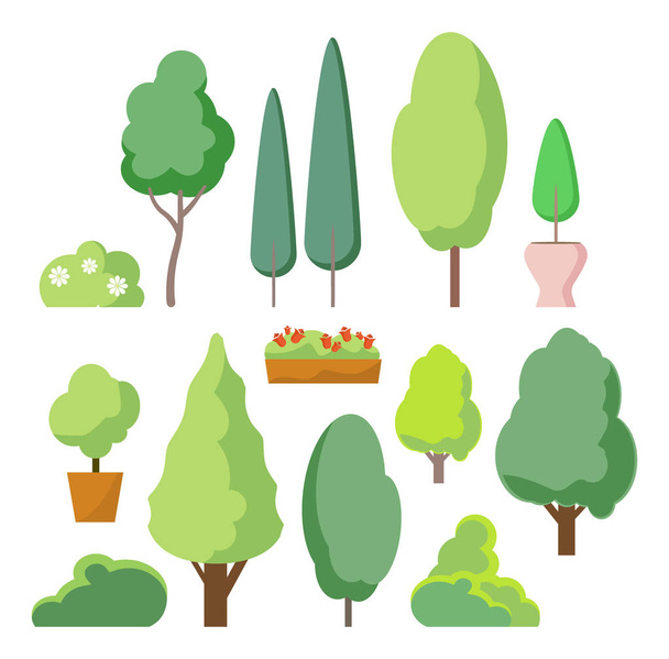 Cartoon bush and tree set. Vector trees and bushes isolated on white background, nature green forest plants for hedge or cute landscape. - Vector, Image