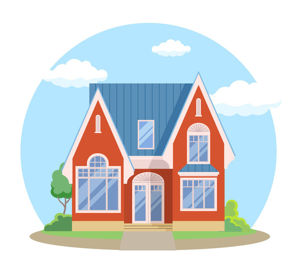 Casa dos desenhos animados vermelho exterior com céu azul nublado Front Home Architecture Concept Flat Design Style. Ilustração vetorial do edifício da fachada
 - Vetor, Imagem