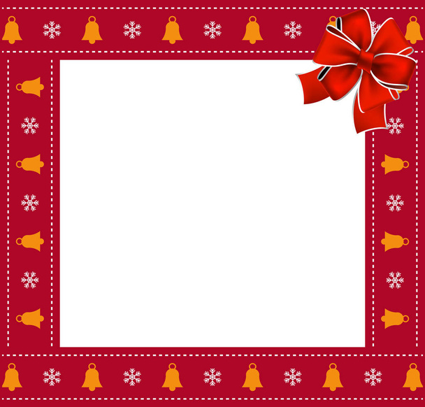 Cute Christmas or new year square border, photo frame with bells and snowflakes pattern and red festive ribbon isolated on white background. Vector illustration, photoframe, template with copy space. - Vector, afbeelding