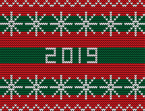 Knitting new year pattern with snow flakes ornament and numeral 2019 on striped red and green knitted background. Vector illustration, greeting card, flyer, invitation, calendar template. - Vector, Image