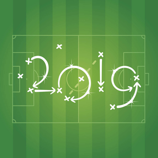 neues Jahr 2019 Fußball-Strategie Plan Green Field Sport Stadion Hintergrund Vektor Banner Grußkarte - Vektor, Bild