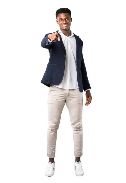 Full body of Handsome african american man wearing a jacket points finger at you on white background - Foto, Imagen