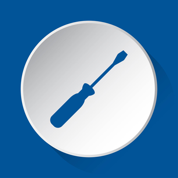 destornillador - icono azul simple en botón blanco con sombra delante de fondo cuadrado azul
 - Vector, imagen