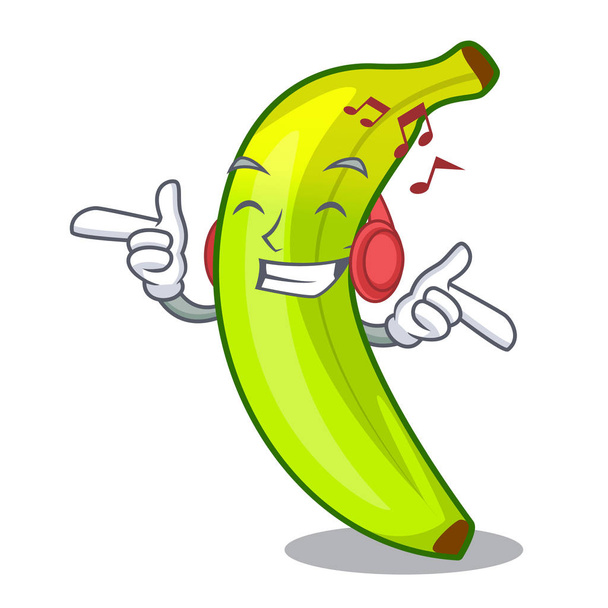 Listening music a organic fruit green banana cartoon - Vector, Image