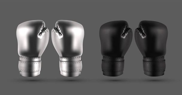 Gümüş ve siyah boks gri arka plan gerçekçi vektör illüstrasyon izole eldivenler - Vektör, Görsel