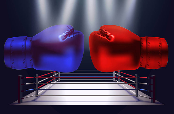 Guanti da pugilato blu e rossi uno di fronte all'altro su sfondo astratto del ring di pugilato
 - Vettoriali, immagini