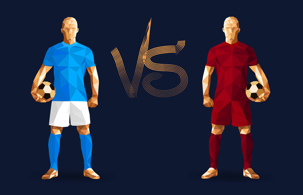 Jasny niebieski i ciemny czerwony piłkarzy gospodarstwa vintage piłki nożne, reprezentujących dwie drużyny, stojąc na białym tle z płaskiej tle i porównaniu między nimi znak, ilustracja wektorowa  - Wektor, obraz