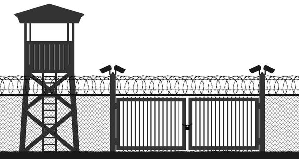 Checkpoint gevangenis toren, bescherming grondgebied, wachttoren, staatsgrens, militaire basis. Straat camera op de pijler. Blokkeren van post, poort. Hek draad mazen prikkeldraad, naadloze vector silhouet - Vector, afbeelding