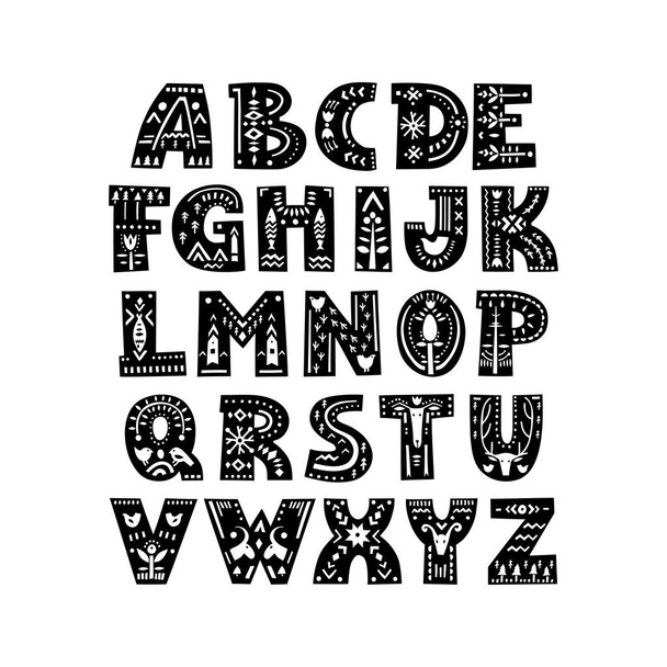Vector set of bold letters decorated with nordic folk ornaments. Display font, uppercase. - Vetor, Imagem
