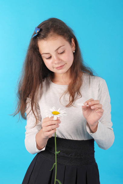 Young girl guesses on a chamomile flower. Young girl tears off petals of daisy. Isolated on blue background in studio - Фото, изображение